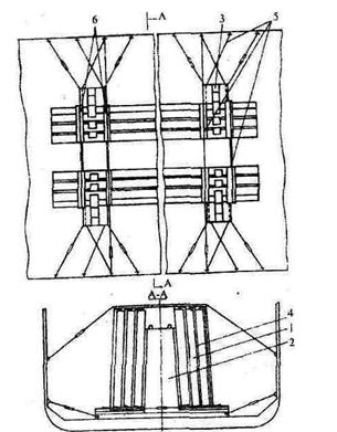 1 - панель; 2 - пирамида; 3 • подкладка с клиньями; 4 - вертикальная прокладка; 5 - найтов; 6 - подкладка под найтов